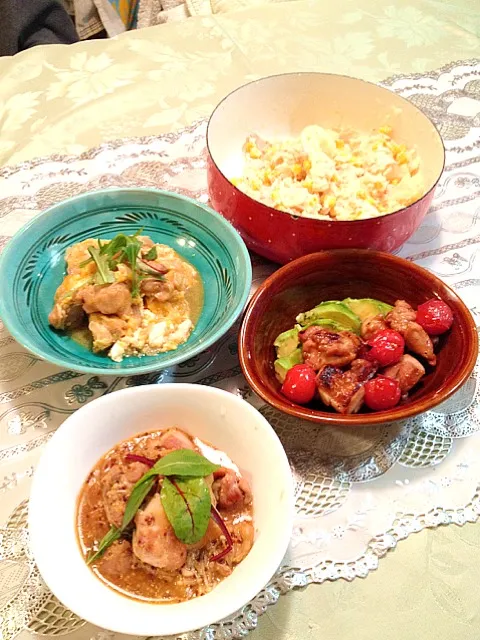 鶏肉とえのき茸のハニーマスタード煮・アボカドチキン・鶏肉の親子煮・ポテトサラダ|まみさん