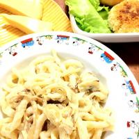 舞茸のクリーム生パスタ、大根ステーキ、ひよこ豆コロッケ、ひよこ豆豆腐