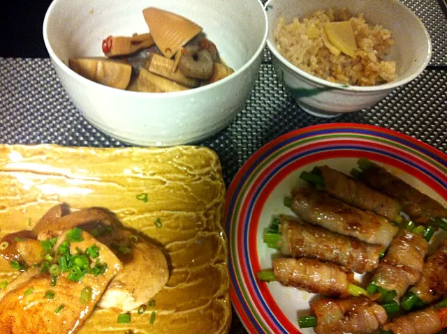 Snapdishの料理写真:筍ご飯と筍の煮物♡カジキの生姜焼きステーキ♡豚肉巻巻|のだきりさん