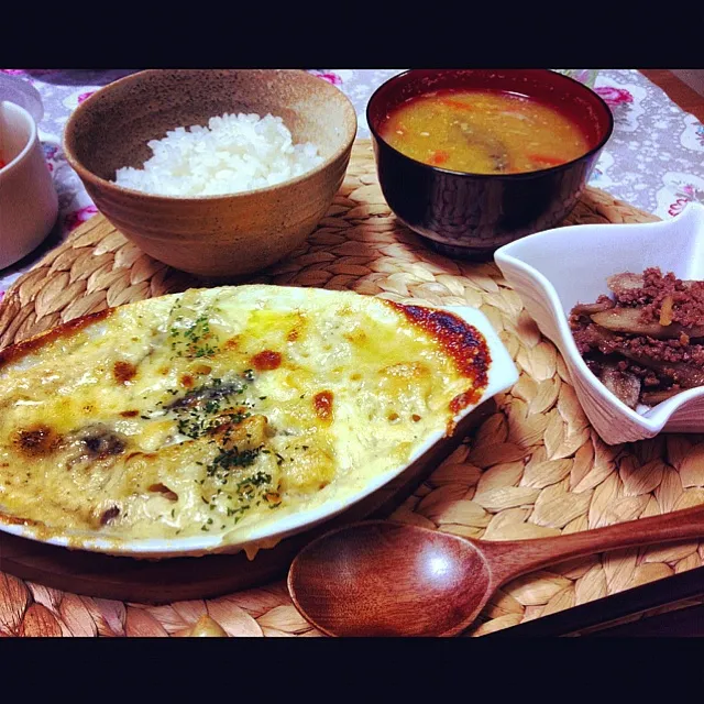 昨日の晩ご飯☆キノコの和風グラタン、牛ごぼう、かぼちゃのお味噌汁|Kaori Takedaさん