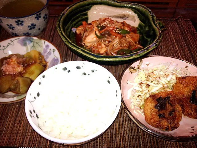 黒酢とトマトの野菜あんかけ＆焼きなす＆椎茸の肉詰めフライ|たかひろさん