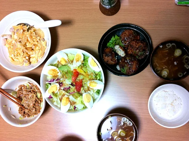 Snapdishの料理写真:親子丼,豆腐ハンバーグ,サラダ,きのこの中華風味噌汁|angさん