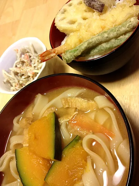 南瓜ほうとう、ミニ塩天丼、市販ゴボウサラダ|☃YUKIさん