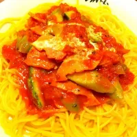 Snapdishの料理写真:アスパラとベーコンのトマトソーススパゲティ|mosaさん