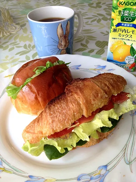 スモークサーモンのクロワッサンサンドとミニホットドック|花あらしさん