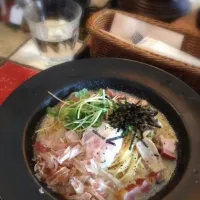 Snapdishの料理写真:厚切りベーコンの豆乳カルボナーラ|高杉愛さん