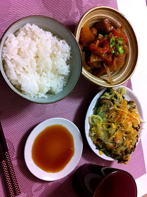 鶏肉と根菜のキムチ煮、ネギラー油チヂミ（ちょっとミスった）|やちゅーさん