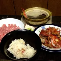 Snapdishの料理写真:キンメづくし。鯛めし、煮付け、しゃぶしゃぶ！|okadagoさん