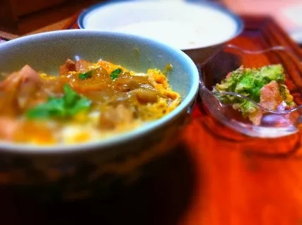 親子丼&菜の花とハムのかき揚げ&豆乳トマトスープ|雨林さん