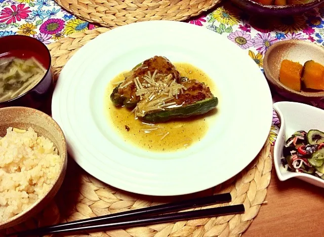 ピーマンの肉詰め♡筍ご飯♡カボチャの煮物、酢の物、エノキのお味噌汁|Kaori Takedaさん