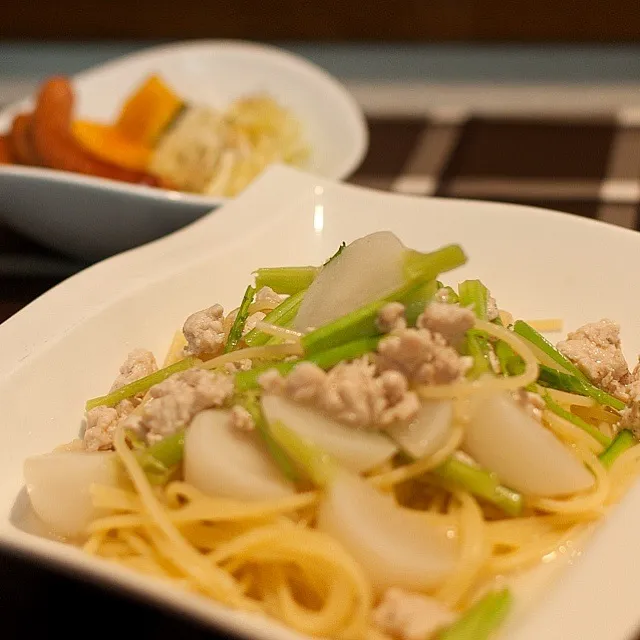 小かぶと鶏挽き肉のスパゲティ|seraさん