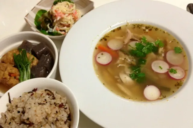 チキンスープ がんもの煮物 スパゲティサラダ|ishibashiさん