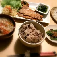 生姜焼き 三度豆のおかか和え にゅうめん 雑穀ご飯|erikoさん