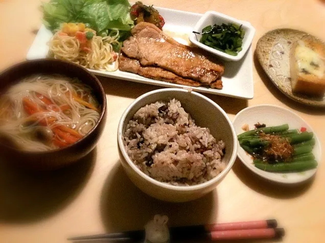 生姜焼き 三度豆のおかか和え にゅうめん 雑穀ご飯|erikoさん