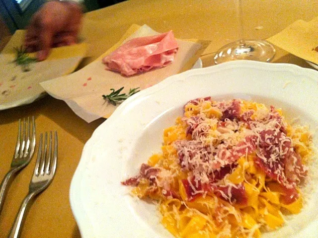 Snapdishの料理写真:Mortadella e Tagliatelle culatello e ragù モルタデラ、クラテッロ（生ハム）のタリアテッレ|s_bosatsuさん