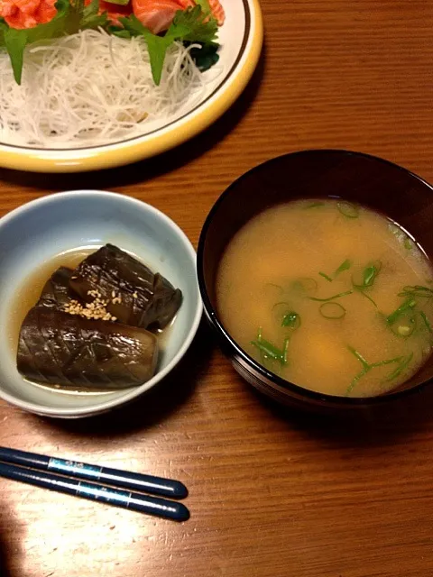 茄子の田舎煮、豆腐となめこの味噌汁|かまさん