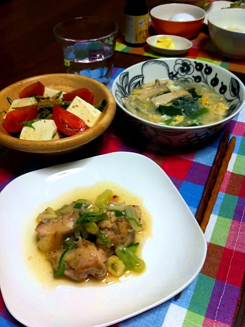 鶏もものネギ塩炒め、キノコとほうれん草の春雨スープ、豆腐サラダ・白だしとゴマのドレッシング|二宮みさきさん