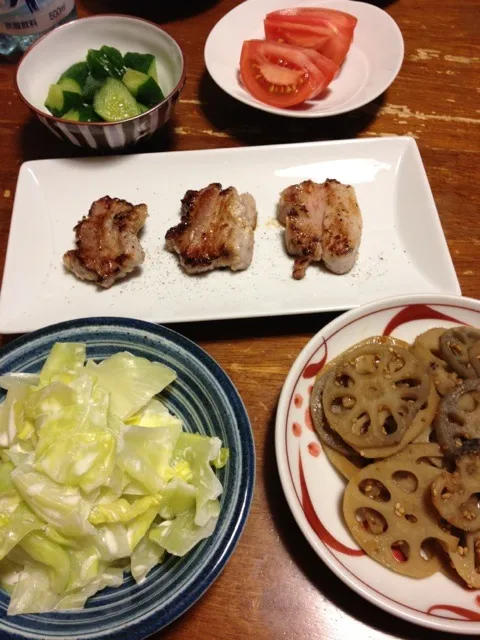 Snapdishの料理写真:豚バラ肉塩麹焼き、キャベツのレモンマヨネーズ和え、蓮根きんぴら。|raku_darさん