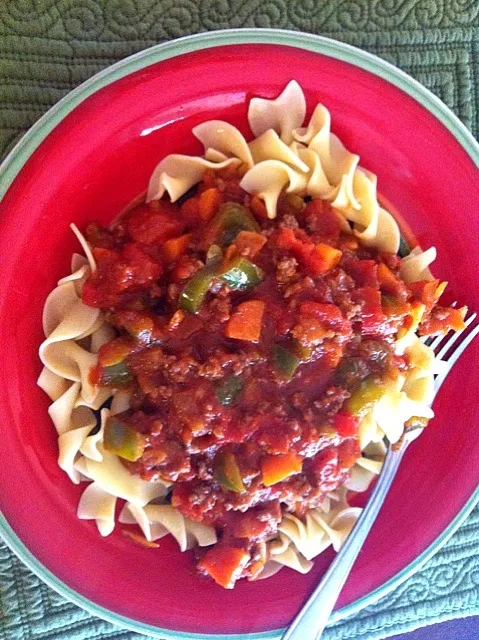 Pasta with roasted veggies & ground beef|angelina sutherlandさん