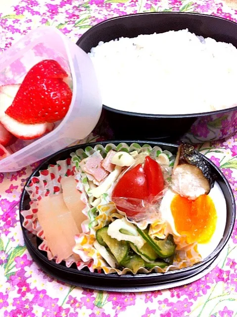 大根煮  ブナピーベーコン炒  きゅうり酢の物  塩鯖  ゆで卵  ミディ🍅|かずさん