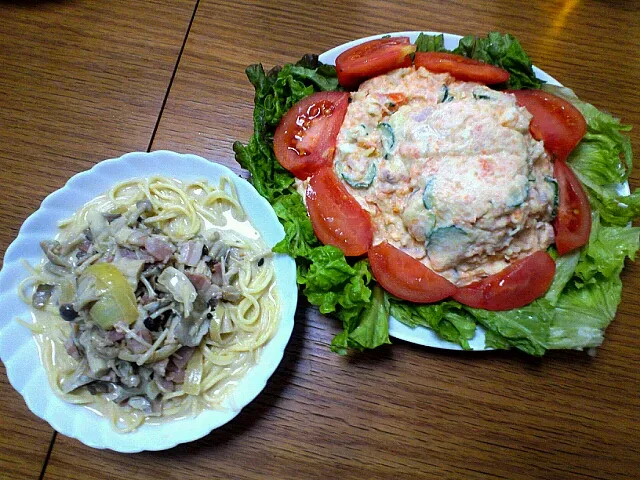 茸のクリームパスタ、ポテトサラダ|阿部昭子さん