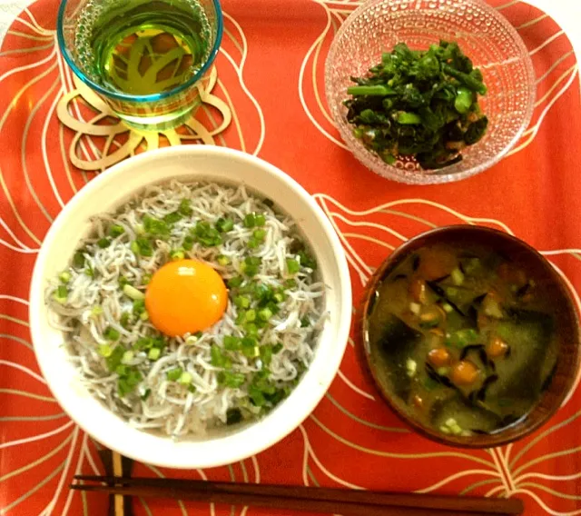 Snapdishの料理写真:しらす丼＋菜花のおひたし 塩麹あえ＋めかぶのお味噌汁|cakeyさん