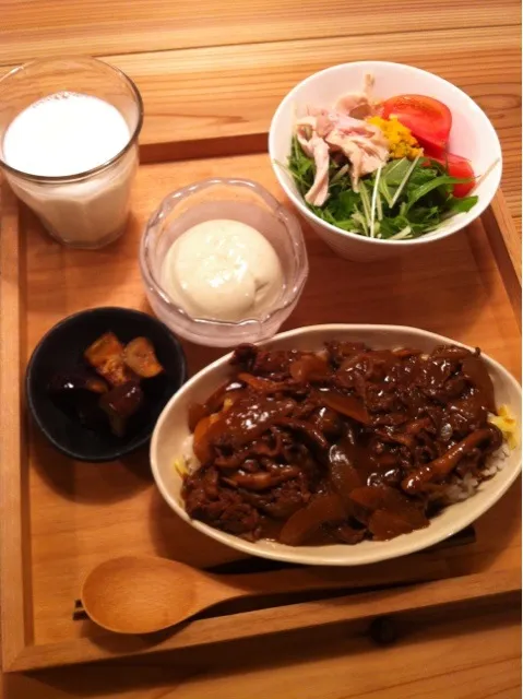 チーズハヤシライス  水菜と蒸し鶏と南瓜とトマトのサラダ  枝豆豆腐  ナスのポン酢焼き浸し|かわまきまきさん