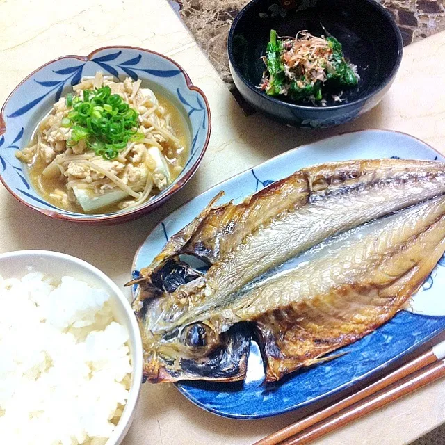 アジの開き、ほうれん草、鶏そぼろ豆腐|wakanowさん