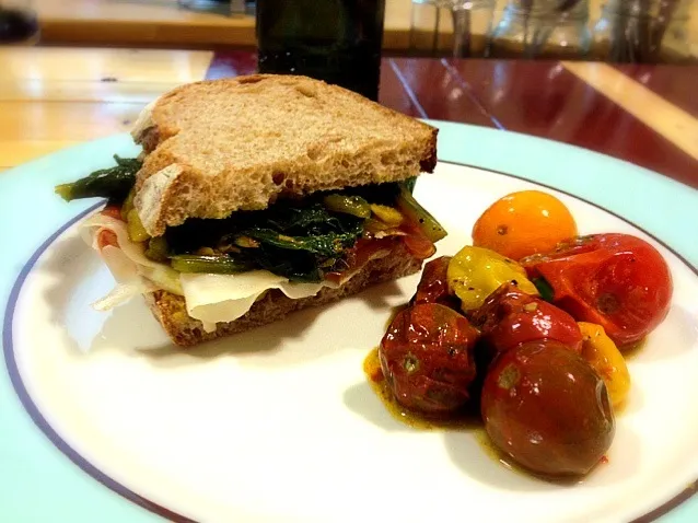 prosciutto and sauteed beet greens sandwich with smoked mozzarella and side of roasted heirloom tomatoes|vikki rubensさん