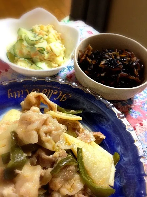 豚肉と筍の味噌炒  ひじき  ポテトサラダ|初味さん