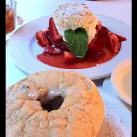 strawberry shortcake and bread pudding