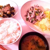 Snapdishの料理写真:ネギ塩豚炒め・オクラとワカメの梅肉和え|norikoさん