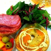 organic red stem salad spinach, melted comte cheese, Italian salame and organic home made pickles with coffee