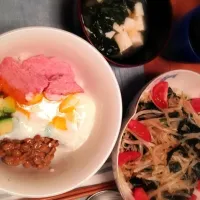 元気丼、春雨ともやしとワカメのサラダ、ほうれん草と豆腐の味噌汁|naokoさん