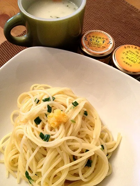 生からすみ,オリーブごしょうパスタ,クラムチャウダー|あか牛さん