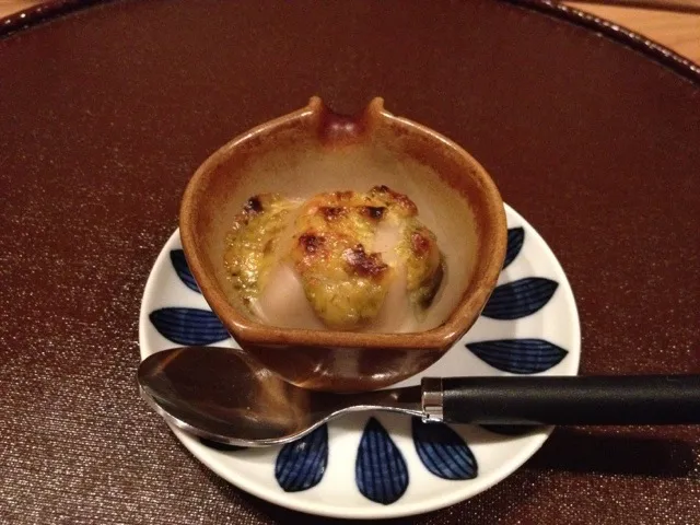 Snapdishの料理写真:ゴマ豆腐、ふきのとう入り味噌を載せて焼き|蒔田 芳男さん