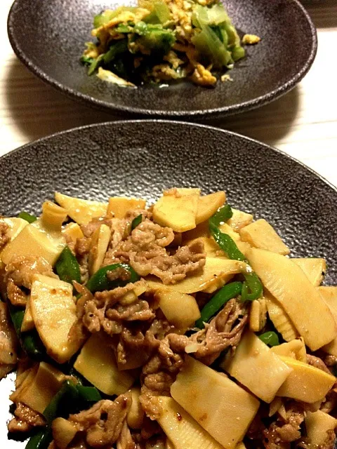 久しぶりにご飯作った！具が大きめの青椒肉絲、レタスと卵の炒め物。お義母さんが送ってくれた筍とレタスの外側を使用。本当は麻婆豆腐も作って中華3種にしたかったけど、飲みながら作っていたらお腹いっぱいに。|canadienneさん