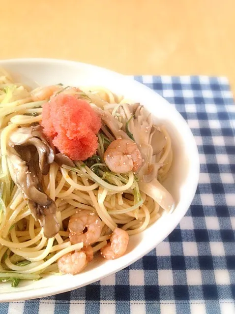 海老、舞茸、水菜の明太子パスタ|みゆきさん