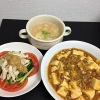 麻婆豆腐、カニカマたまごスープ、棒々鶏風サラダ|あいさん