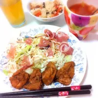 唐揚げ、生ハムサラダ、野菜スープ、炊き込みご飯|りえさん