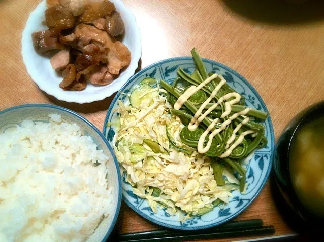 Snapdishの料理写真:鶏の照り焼きと野菜いっぱい！山菜いっぱい！|Ichimuraさん