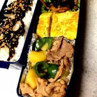 Snapdishの料理写真:豚肉とじゃがいもの甘辛煮弁当。|miyo.さん