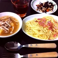 ベーコンと玉ねぎのパスタ、揚げ出し豆腐、ひじきの煮物|みにゃみさん