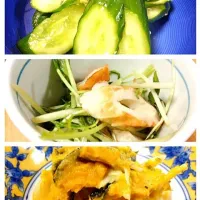 副菜、かぼちゃと新玉ねぎのサラダ、水菜と竹輪の和え物、胡瓜の塩麹漬け