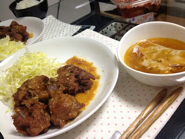 豚こまの唐揚げ、ワンタン麺|ましおりさん