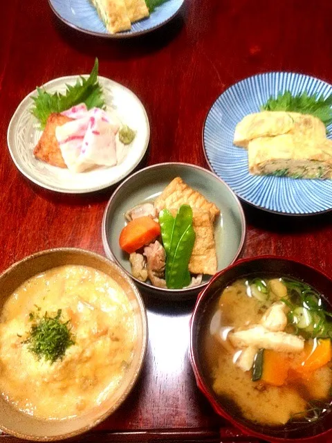 麦とろごはん・かぼちゃのお味噌汁・厚揚げの煮物・ネギ入り出汁巻き卵・紅生姜天焼きわさび醤油|かっぴーさん