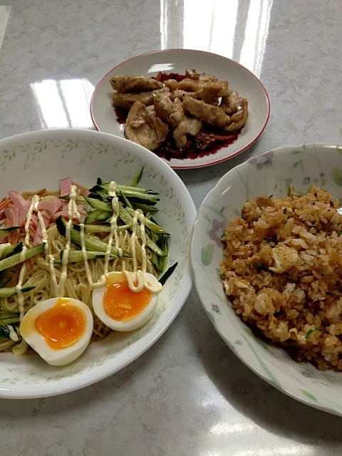 冷やし中華、炒飯、鶏のクレソル炒め|かまさん