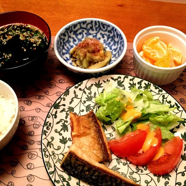 鯖竜田揚、焼き茄子、ワカメスープ|ikukoさん