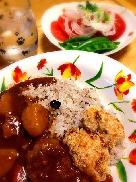 Snapdishの料理写真:揚げないヒレカツの雑穀米カレー/トマトオニオンサラダ|なおさん