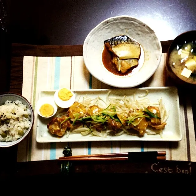 鶏肉の味噌マヨ焼き、鯖のみぞれ煮、豆ごはん、お味噌汁|あかりんこさん